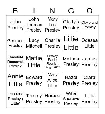 Presley Family Reunion Bingo Card