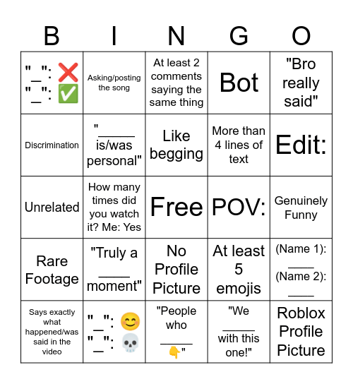 YT Shorts Bingo Card