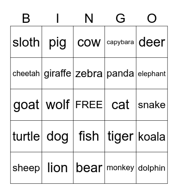 ANIMAL BINGO Card