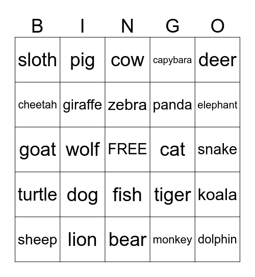 ANIMAL BINGO Card