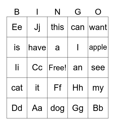 Sight Words Bingo Card