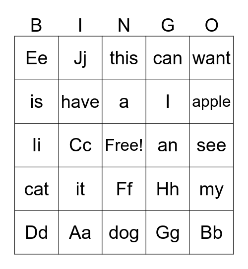 Sight Words Bingo Card