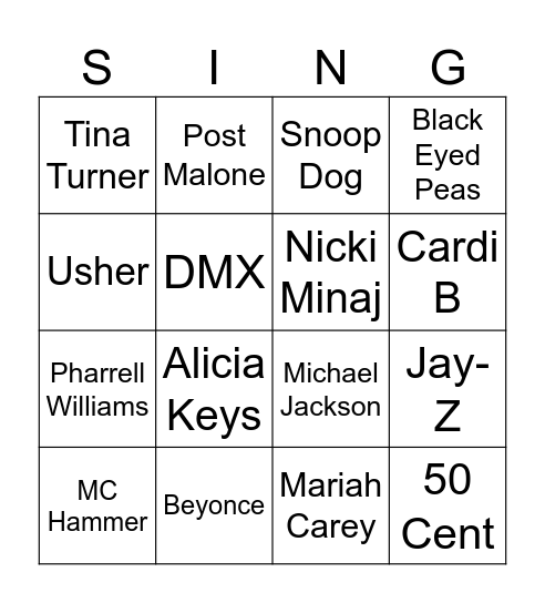 Hip Hop & RnB Bingo Card