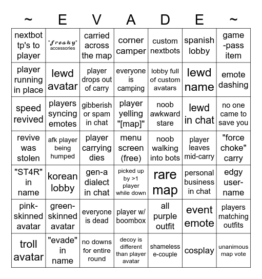 Evade Sightings (hard) Bingo Card