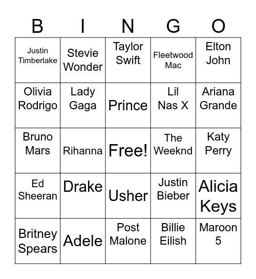 MUSIC MIX UP Bingo Card