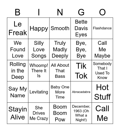 Billboard Top 100 Sampler Bingo Card