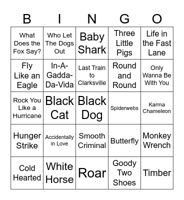Unrefined Music Bingo - Animals Bingo Card