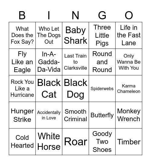 Animals - Artist or Song Bingo Card
