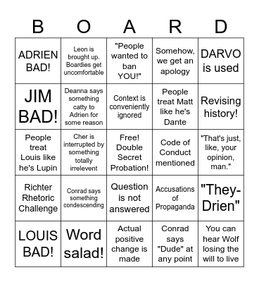 Bad Faith Bingo Card
