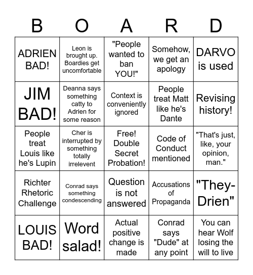 Bad Faith Bingo Card