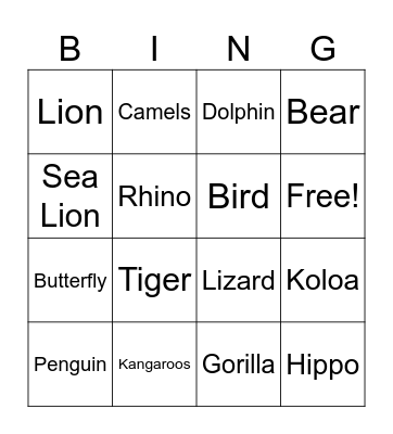Animal Bingo Card