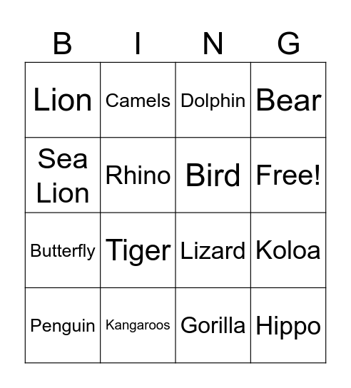 Animal Bingo Card