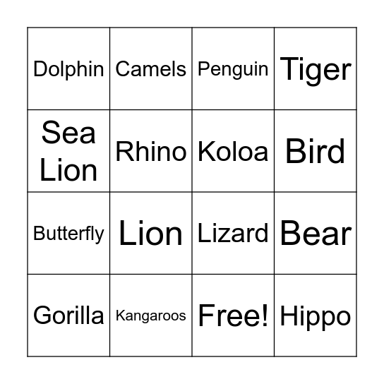 Animal Bingo Card