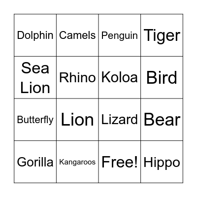Animal Bingo Card