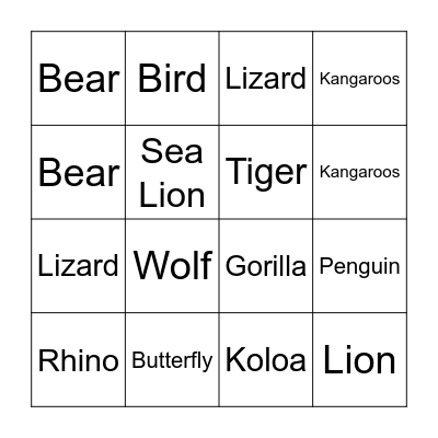 Animal Bingo Card