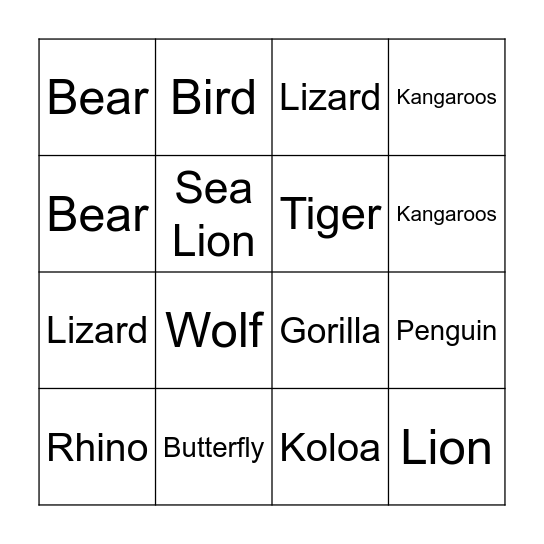 Animal Bingo Card