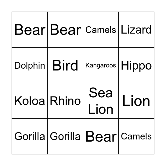 Animal Bingo Card