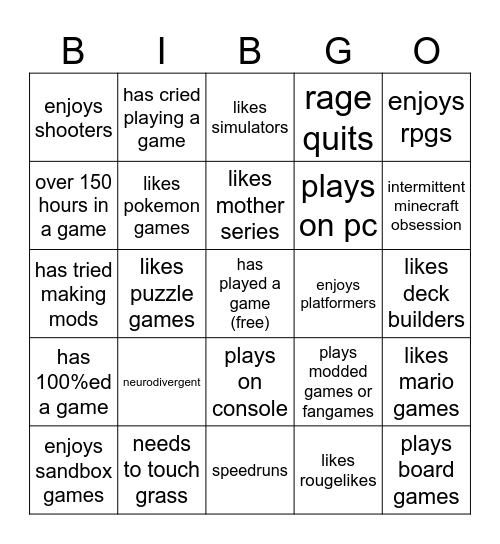 GAMER bibgo Bingo Card