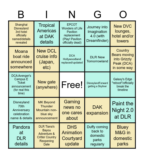 Dawnie's D23 Experiences Panel Bingo Card