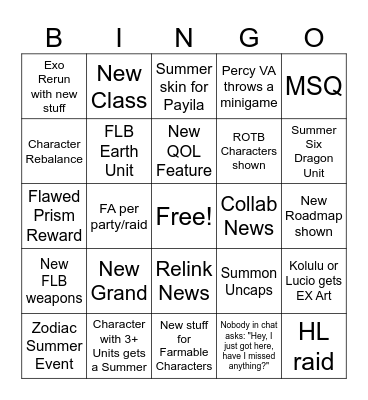 GBF Summer 2024 Bingo Card