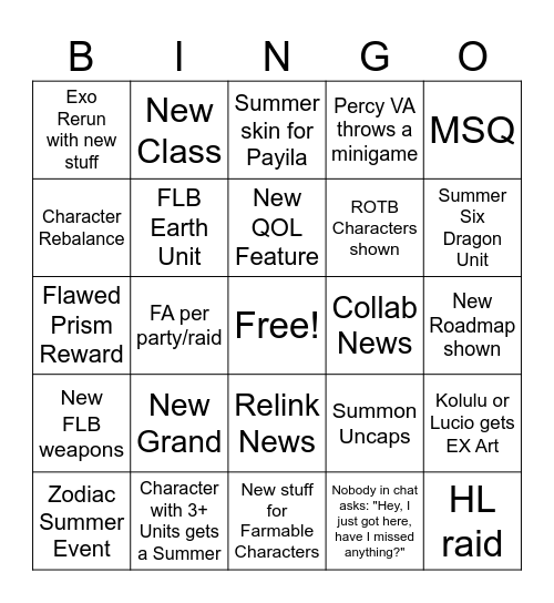 GBF Summer 2024 Bingo Card