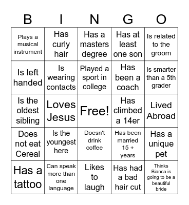 Bianca's Bridal Shower Bingo Card