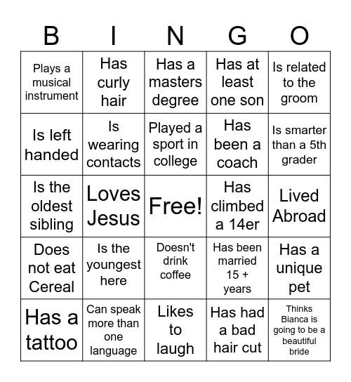 Bianca's Bridal Shower Bingo Card