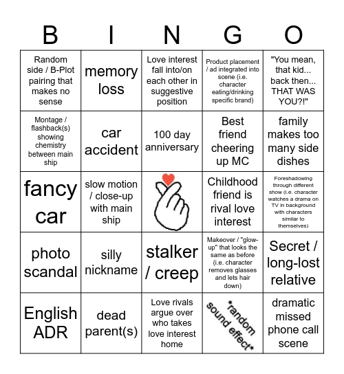 Asian Drama (mostly K-Drama) Bingo Card