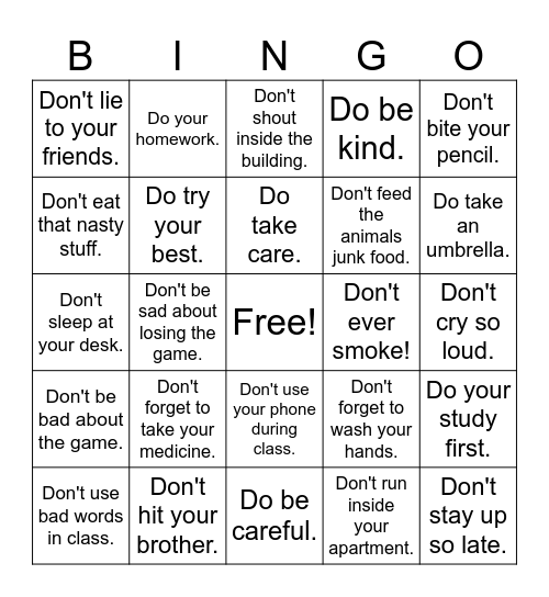 Do and Don't Sentences Bingo Card