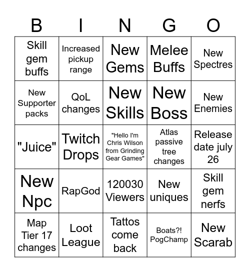 PoE 3.25 league Bingo Card