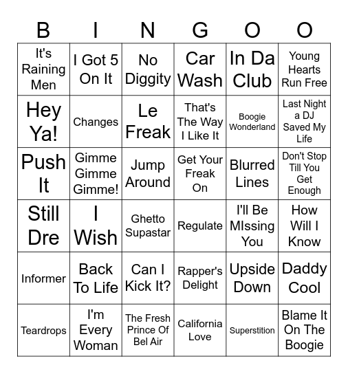Singo Bingo - Hip Hop/Disco Bingo Card