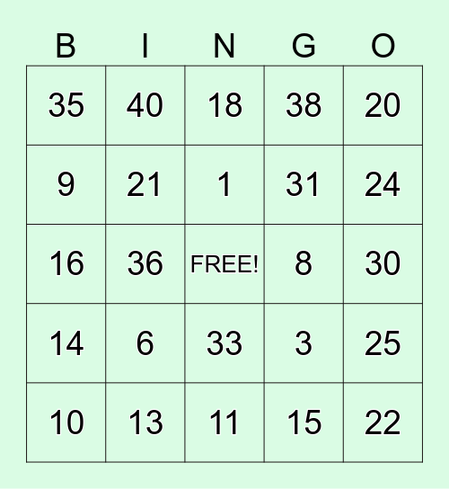 Numbers 1-40 Bingo Card