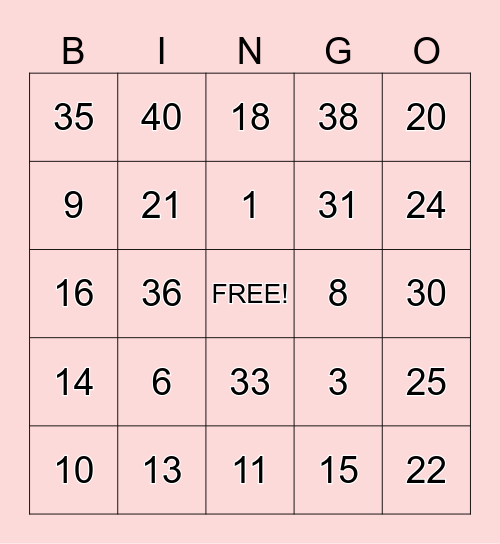 Numbers 1-40 Bingo Card