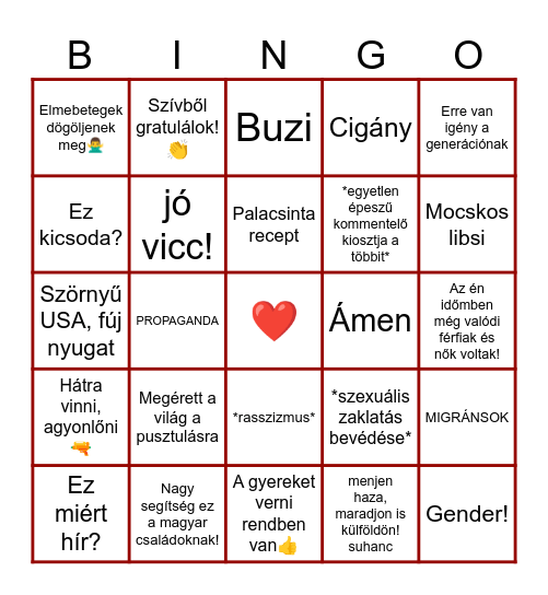 Magyar Kommentszekció Bingo Card