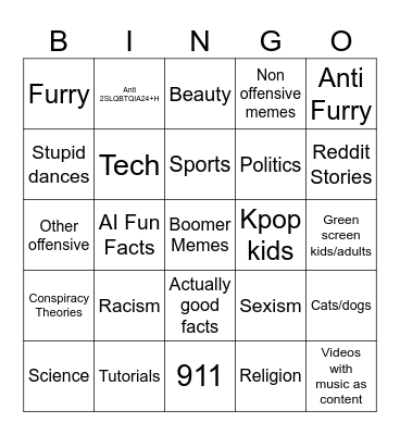 Shorts Bingo Card