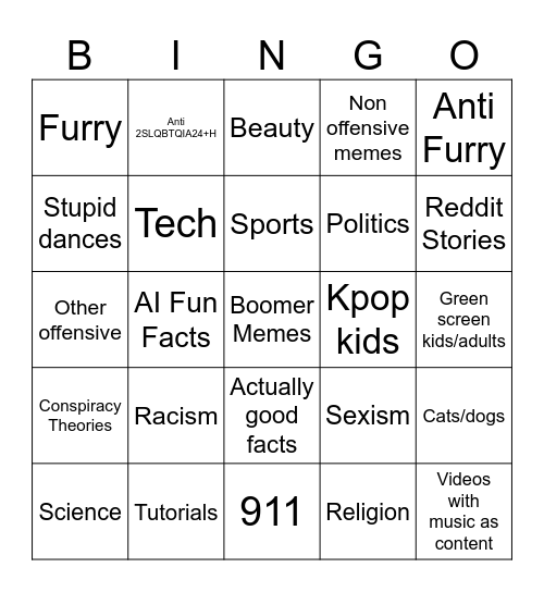 Shorts Bingo Card