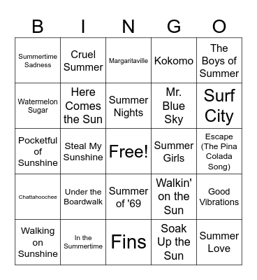 Summertime Songness Bingo Card