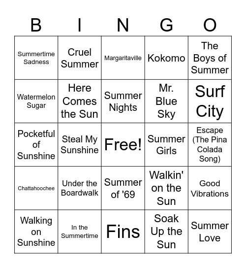 Summertime Songness Bingo Card