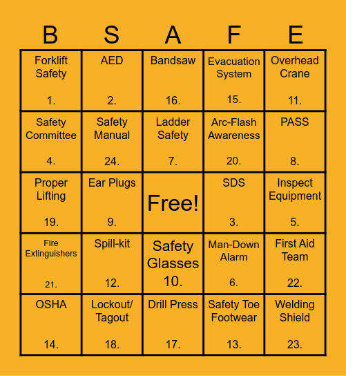 JulyFest - Safety Bingo Card