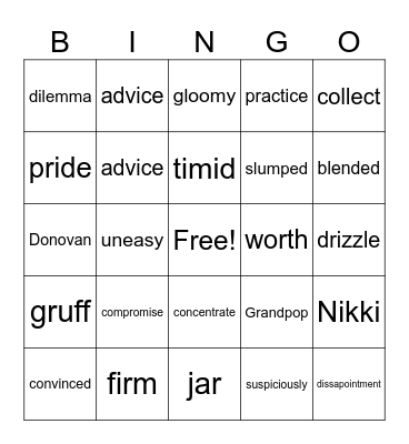 Donovan's Word Jar Bingo Card