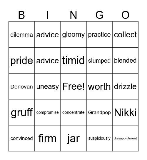 Donovan's Word Jar Bingo Card