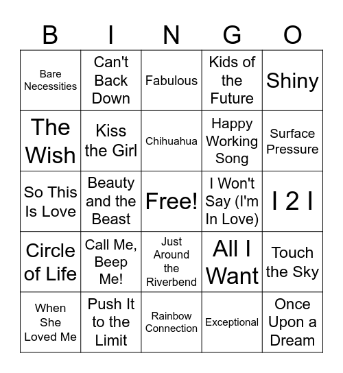 Disney Music Bingo #1 Bingo Card