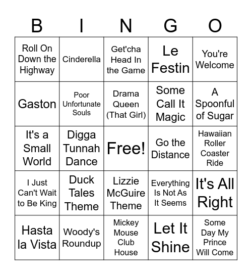 Disney Music Bingo #2 Bingo Card