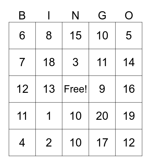 Math Fact Bingo Card