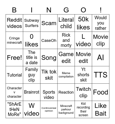 YouTube shorts Bingo Card