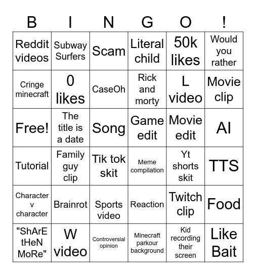 YouTube shorts Bingo Card