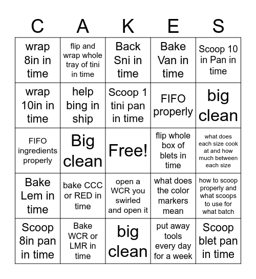 Bakers Bingo Card