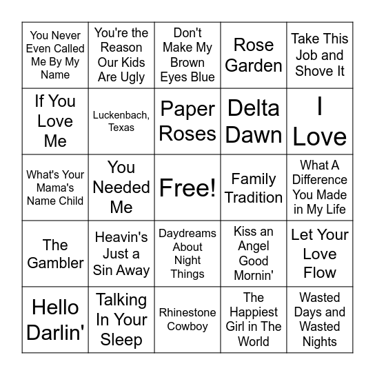 70's Country Bingo Card