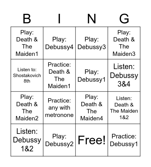 Quartet Homework Bingo Card