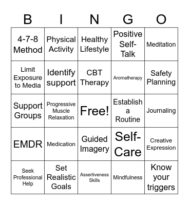 PTSD Coping Skills Bingo Card